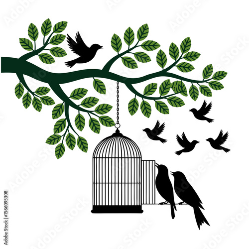 Birds escaping from a cage and perching on a branch. Ideal for illustrating freedom, nature, or animal welfare concepts.