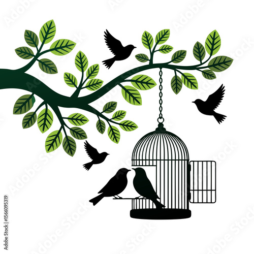 Birds escaping from a cage and perching on a branch. Ideal for illustrating freedom, nature, or animal welfare concepts.
