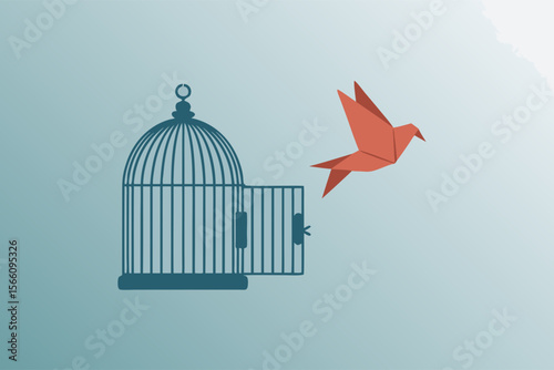 Bird cage open origami bird symbolizes freedom, ideal for illustrating concepts like liberation, freedom, and breaking free from constraints.