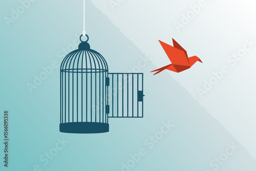 Bird cage open origami bird symbolizes freedom, ideal for illustrating concepts like liberation, freedom, and breaking free from constraints.