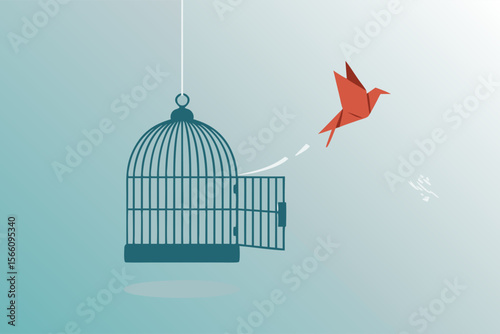 Bird cage open origami bird symbolizes freedom, ideal for illustrating concepts like liberation, freedom, and breaking free from constraints.