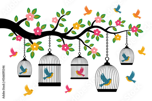 Birds escaping from a cage and perching on a branch. Ideal for illustrating freedom, nature, or animal welfare concepts.