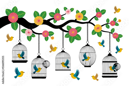 Bird cage open with flowering branch, free birds escaping cages. Suitable for freedom, liberation, concept of breaking free designs.