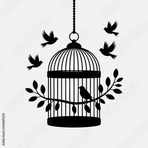Bird cage with open door, birds soaring among green leaves. Perfect for freedom, escape, nature, and environmental concepts. Great for designs.