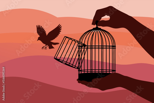 Bird cage open hands release a bird another flies free. Symbolizing freedom, liberation, letting go, new beginnings, nature, environmental concepts. Suitable for illustrations, designs, ecofriendly co