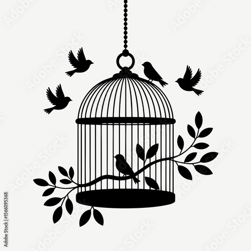Bird cage with open door, birds soaring among green leaves. Perfect for freedom, escape, nature, and environmental concepts. Great for designs.