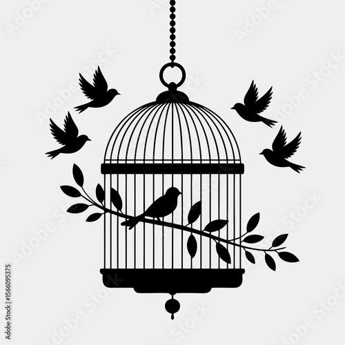 Bird cage with open door, birds soaring among green leaves. Perfect for freedom, escape, nature, and environmental concepts. Great for designs.