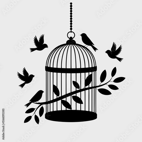 Bird cage with open door, birds soaring among green leaves. Perfect for freedom, escape, nature, and environmental concepts. Great for designs.