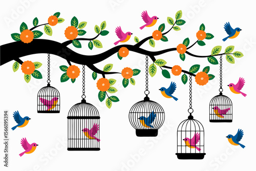 Bird cage open with flowering branch, free birds escaping cages. Suitable for freedom, liberation, concept of breaking free designs.