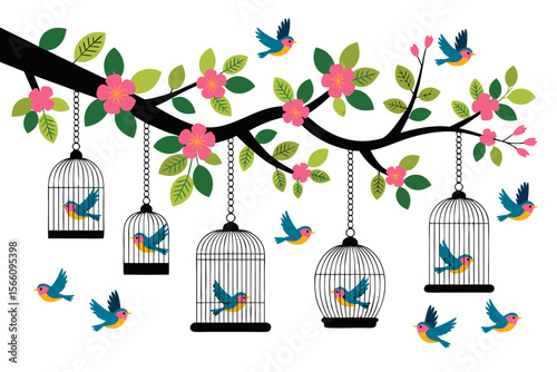 Bird cage open with flowering branch, free birds escaping cages. Suitable for freedom, liberation, concept of breaking free designs.