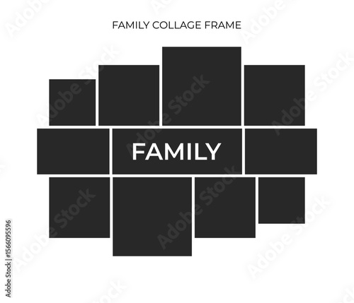 A black and white photo collage template with "FAMILY" centered, featuring multiple rectangular frames for pictures.