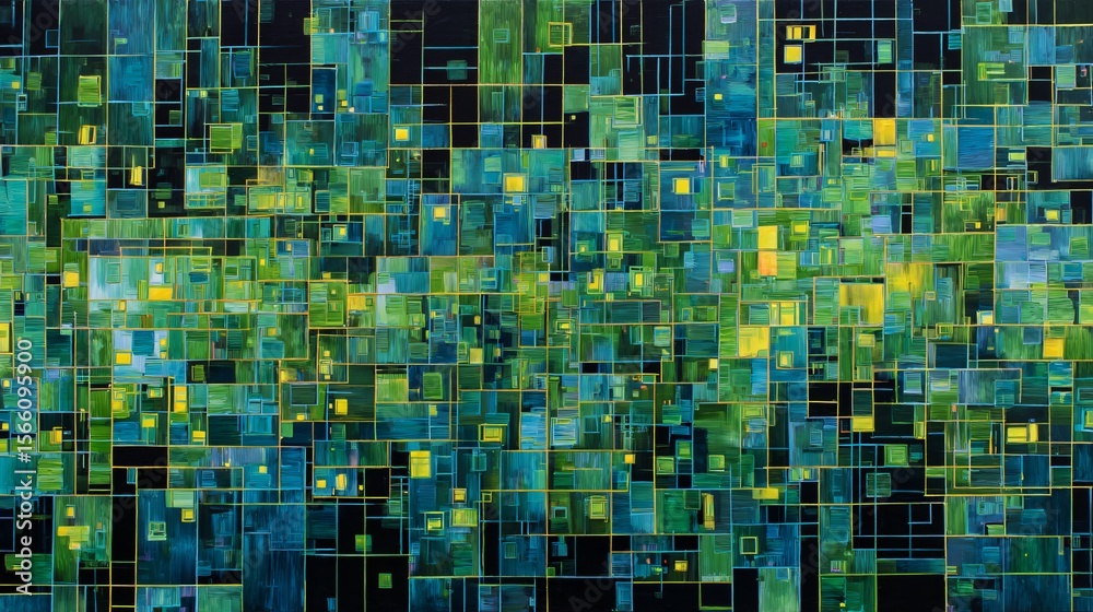 Fototapeta premium Luminous rectangles overlap creating a techno style grid filled with green,blue, and yellow hues