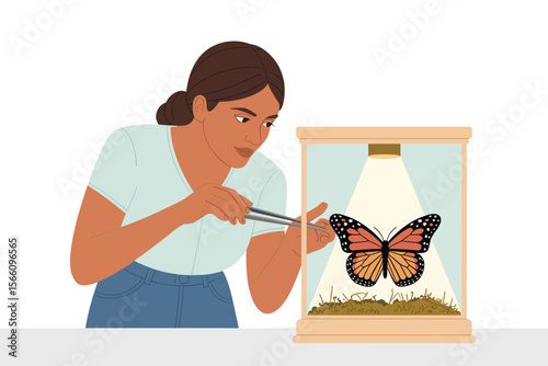 Woman Scientist Examining Monarch Butterfly in Glass Case