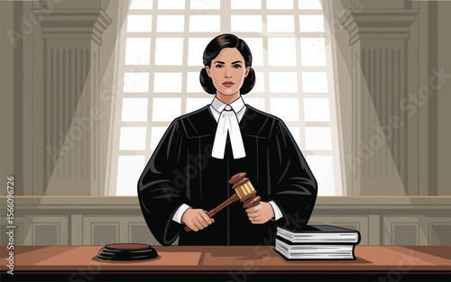 A Female Judge in Courtroom Vector Illustration of Justice and Law