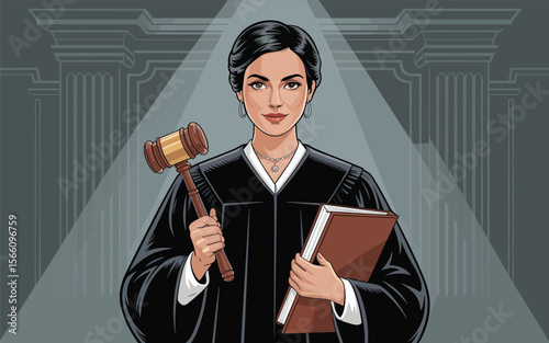 Portrait of a Female Judge Gavel, Law Book, Justice, Courtroom