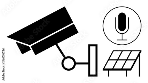 Surveillance camera, microphone, and solar panel conveying sustainable technology, security, and innovation. Ideal for security systems, renewable energy, smart tech, AI monitoring audio recording