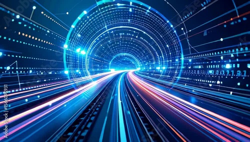 A futuristic digital tunnel with data stream, conveying innovation and high-speed connectivity. The image embodies a dynamic, technological forward momentum