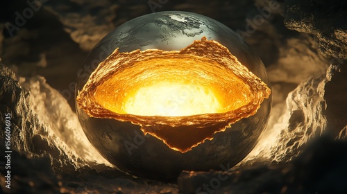 Glowing molten core within a spherical rock formation.