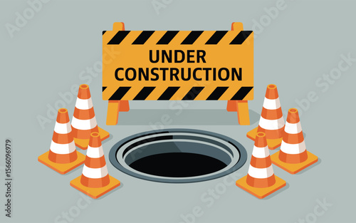 Under Construction Flat Vector Illustration of Roadworks with Hole and Cones