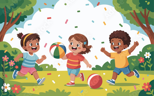 Joyful Kids Playing in a Sunny Park A Colorful Illustration of Childhood Fun