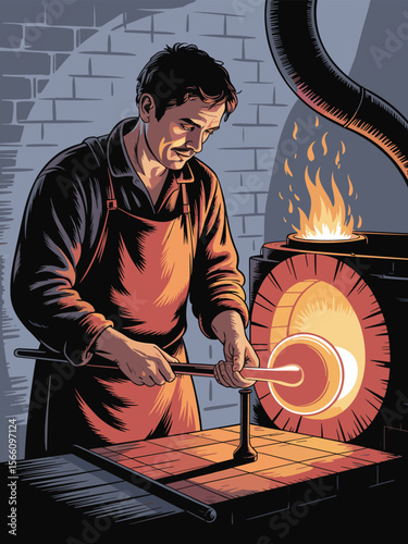 A Stylized Illustration of a Glassblower at Work in a Traditional Workshop