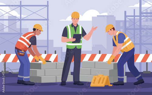 Construction Workers Teamwork Building a Strong Foundation Together