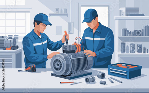 Skilled Technicians Repairing Industrial Motor Precision Maintenance and Repair Services