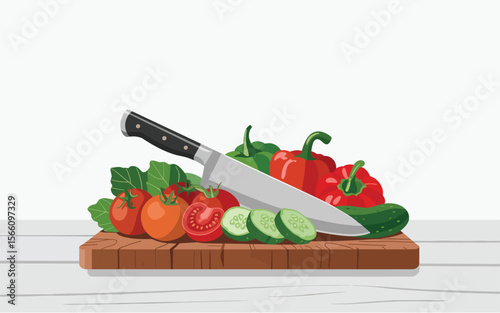 Fresh Vegetables on Cutting Board A Vibrant Vector Illustration of Tomatoes, Peppers, and Cucumbers Ready for Chopping