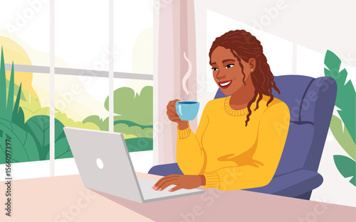 Smiling Woman Working From Home, Enjoying Coffee Break on Laptop