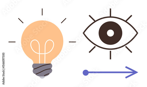 Light bulb radiating ideas, eye symbolizing vision, with arrow pointing forward. Ideal for creativity, innovation, foresight, leadership, progress strategy and inspiration. Simple flat metaphor