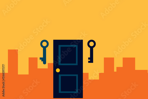 A graphic illustration featuring a door and two keys set against a vibrant urban skyline, symbolizing opportunities, choices, and aspirations in an abstract artistic representation