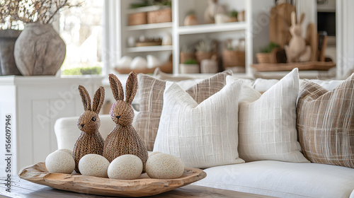 A serene spring interior with soft lighting, woven bunny sculptures, and earth-toned pillows. Natural textures and Easter