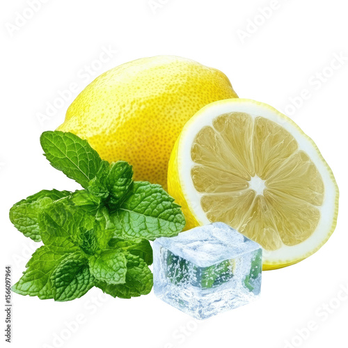 Fresh Lemons, Mint Leaves, And Ice Cubes Isolated On Transparent Background
