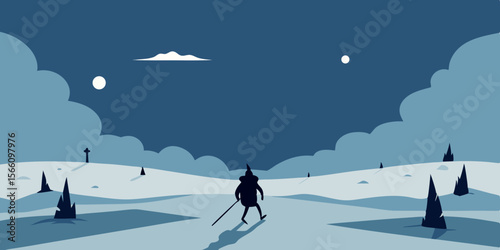 A Figure Walking Across A Snow Covered Battlefield