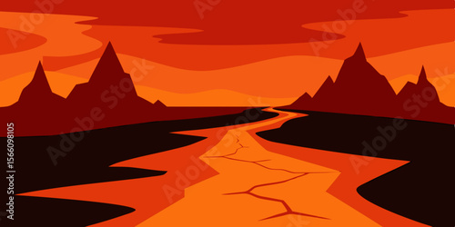 Hellish Landscape With Cracked Earth And Rivers Of Fire