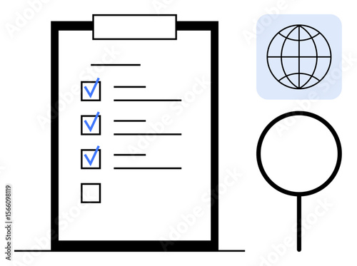 Checklist with marked tasks, globe highlighting international focus, and magnifying glass for detailed analysis. Ideal for organization, productivity, task tracking, global projects, research