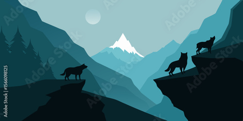 Misty Mountain Pass With Black Wolves Watching From Above