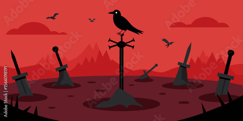 Silent Battlefield Covered In Ravens And Swords