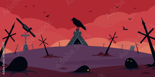 Silent Battlefield Covered In Ravens And Swords