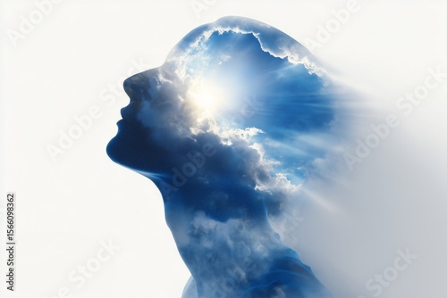 Silhouette of human head filled with glowing blue sky and white clouds on white background, symbolizing imagination, mental clarity, creativity, inner light, mindfulness, and visionary thinking

