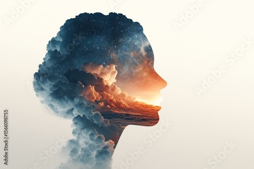 Silhouette of human head with surreal blend of starry night sky, clouds, and glowing horizon inside, symbolizing imagination, introspection, dreams, creativity, mindfulness, and the power of the human