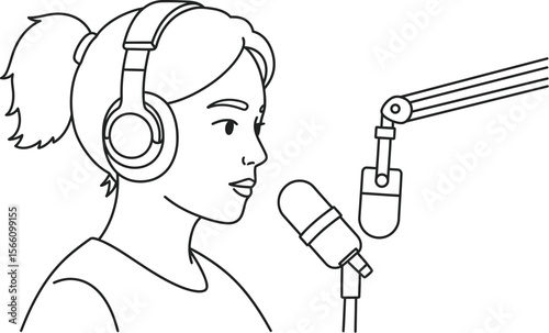 Woman podcasting with microphone and headphones vector illustration line art drawing design template vector illustration