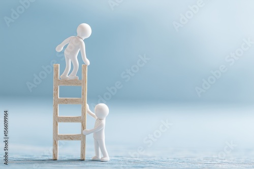 Two white stylized figures with wooden ladder on soft neutral blue background, symbolizing teamwork, mentorship, leadership support, career growth, collaboration, trust, and professional success in mi