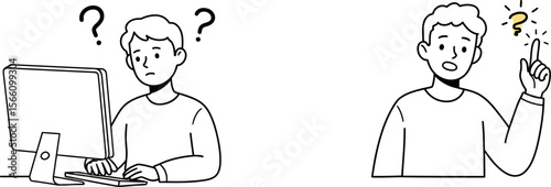 Solving problems with technology: man finds solution after using computer for research and development vector illustration