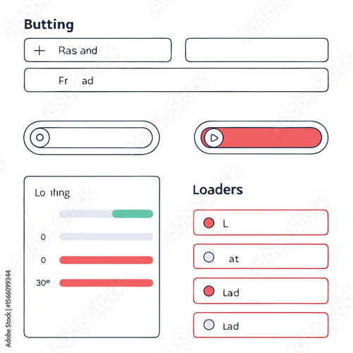 Illustration of user interface elements including buttons loaders and loading bars with text labels