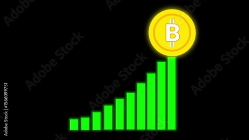 A glowing Bitcoin rises along a green bar graph, symbolizing digital currency growth, financial success, and market trends. Ideal for crypto, investment, fintech, and blockchain-related content