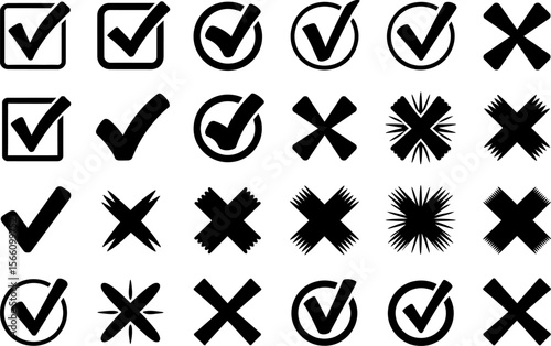 Check mark and cross icon set, tick and x symbol, approval and rejection, selection element, vector collection