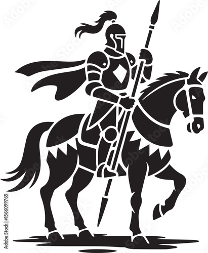 Black silhouette vector illustration of a knight on a horse, isolated for sport and equestrian art