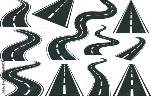 Curved road and highway icon set, street navigation, traffic sign, travel route, transportation vector pack