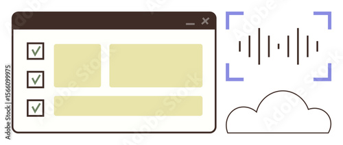 Web interface displaying task checklist and grid layout alongside sound wave visualization and cloud icon. Ideal for productivity, cloud storage, audio processing, task planning, digital tools